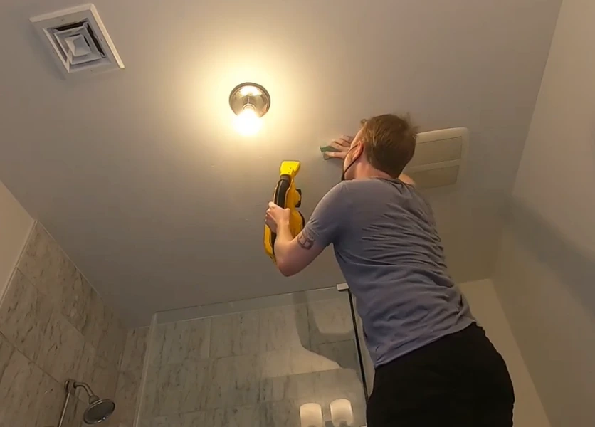 ceiling repair in Rochester NY: Worker sanding a ceiling beside a light with a handheld sander in a bathroom