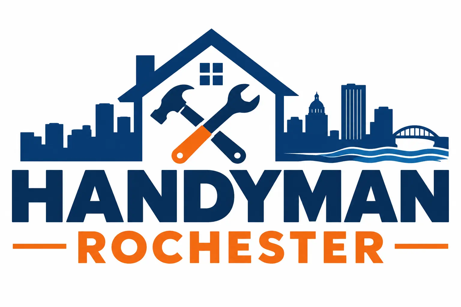 Handyman Rochester logo with a house, hammer, wrench and the Rochester skyline