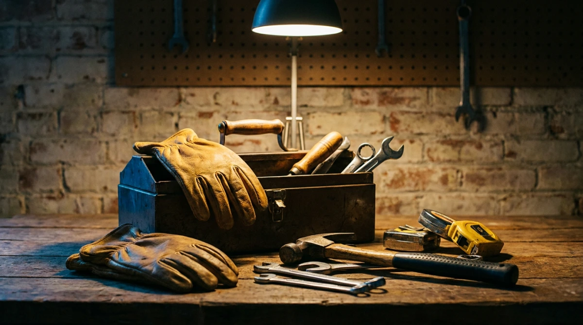 Handyman in Rochester, NY toolbox with work gloves, hammer, wrenches and tape measures on a workbench